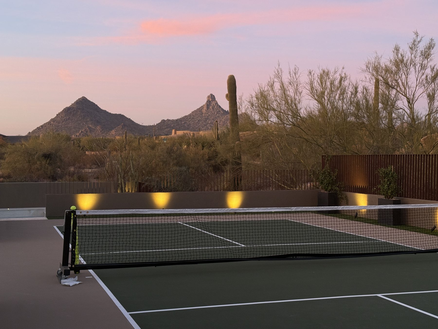 The added pickleball court at sunset, beneath Pinnacle Peak